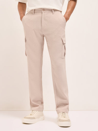 Peach Textured Waffle Weave Straight Fit Cargo Pants with Flap Pockets