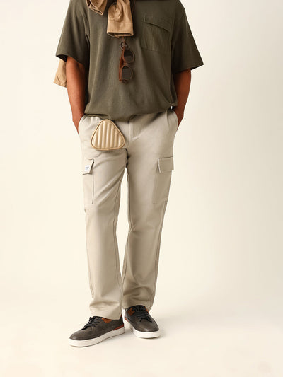 Beige Solid Straight Fit Cargo Trousers with Flap Pockets