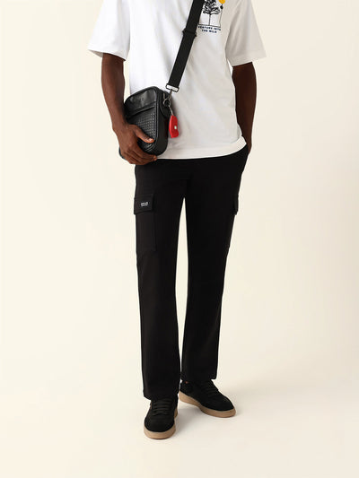 Black Solid Straight Fit Cargo Trousers with Flap Pockets