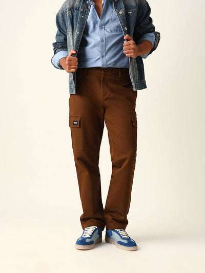 Brown Solid Straight Fit Cargo Trousers with Flap Pockets