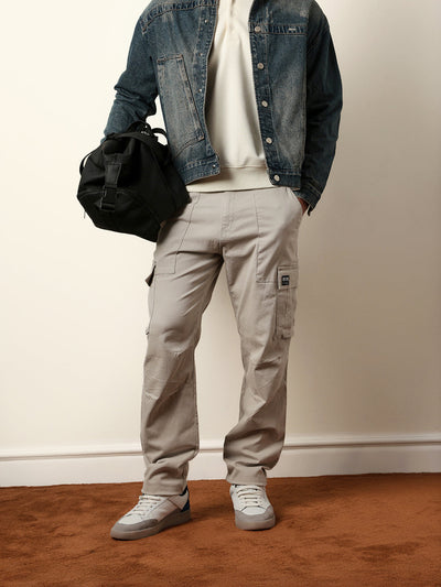 Light Grey Solid Relaxed Fit Cargo Trousers with Utility Pockets