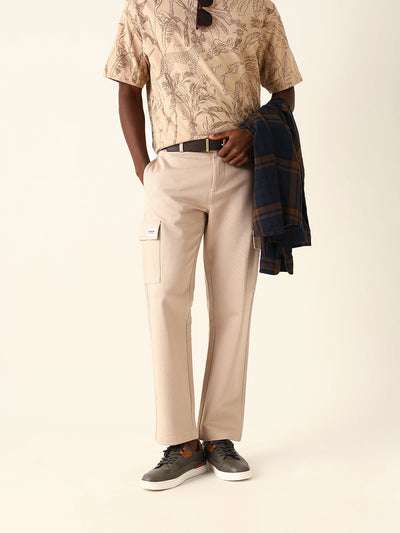 Cream Solid Straight Fit Cargo Trousers with Flap Pockets