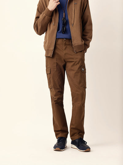 Brown Solid Relaxed Fit Cargo Trousers with Utility Pockets