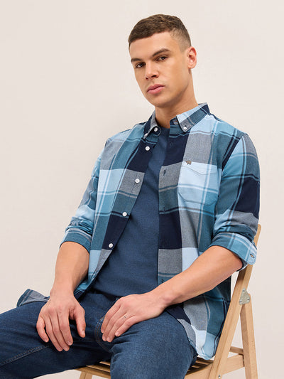 Blue Woven Checked Slim Fit Casual Shirt