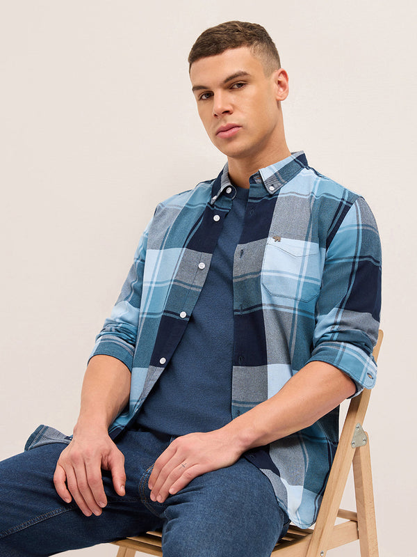 Blue Woven Checked Slim Fit Casual Shirt
