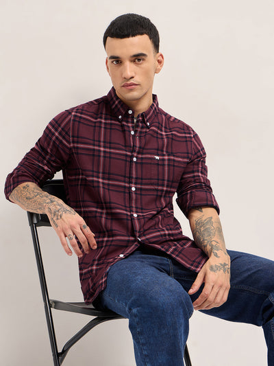 Maroon Woven Checked Slim Fit Casual Shirt