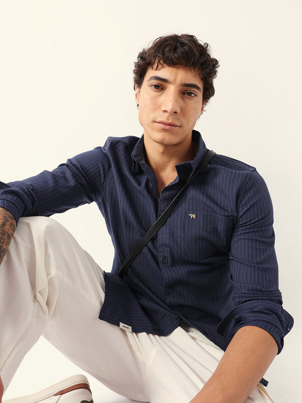 Blue Slim Fit Casual Shirt with Vertical Pine Stripes