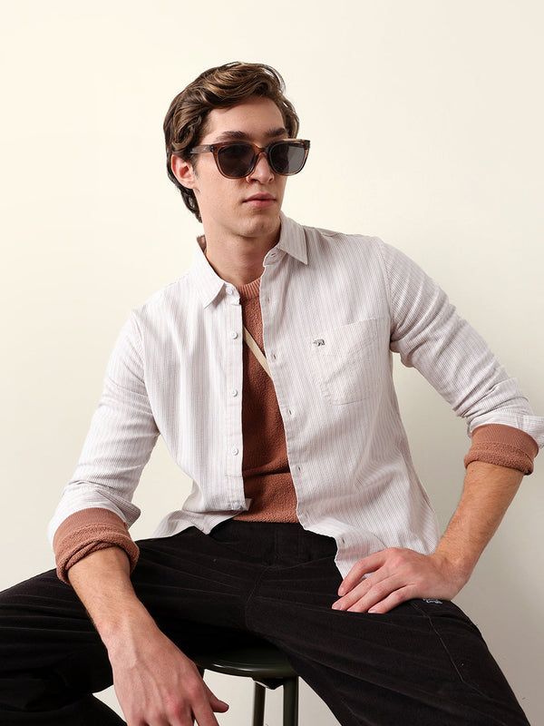 Beige & White Slim-Fit Casual Shirt with Vertical Pine Stripes