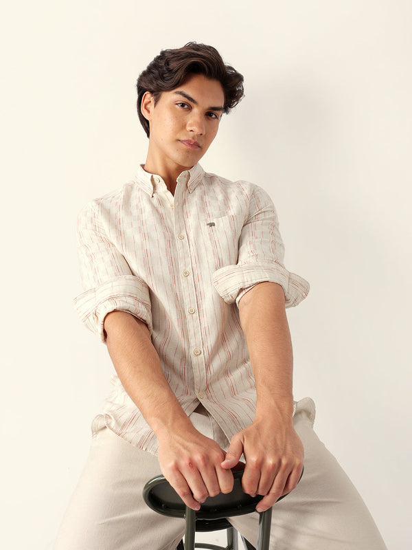 Brown Vertical-Striped Slim Fit Casual Shirt with Subtle Check