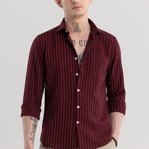 snitch men’s striped casual shirt – maroon