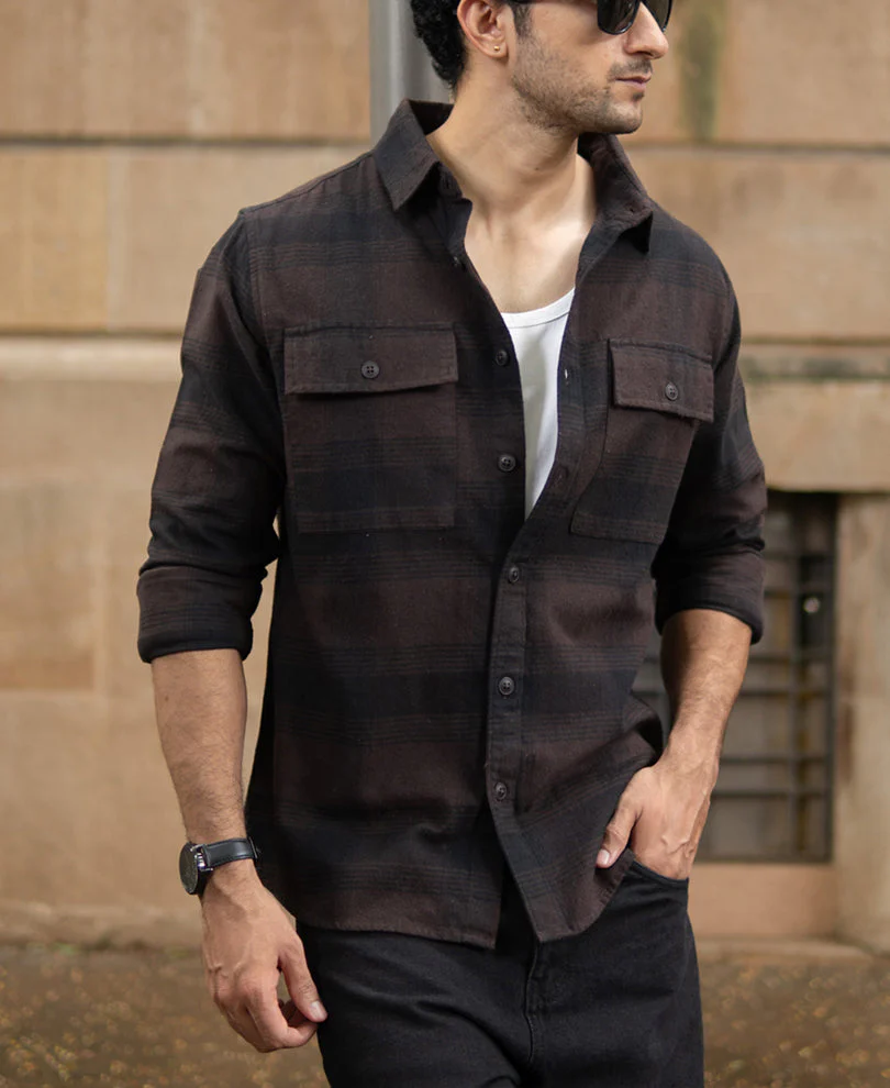 dark brown brushed checks shirt 1.webp