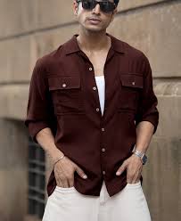 wine linen double pocket shirt