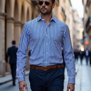 dark blue cotton stripe shirt
