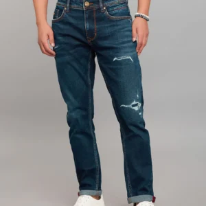 dark blue 5 pocket low rise tapered ankle length stretch jeans