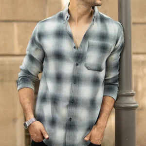 grey checks button down shirt