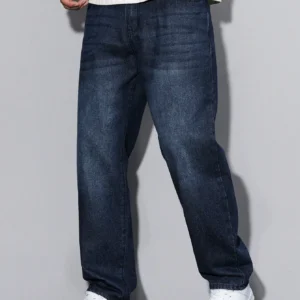 dark blue 5 pocket midrise, comfort and straight fit stretch jeans