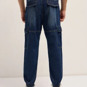 dark blue baggy fit jogger style jean with cargo pockets