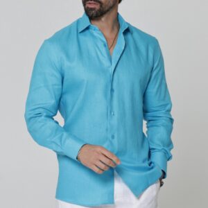 malibu blue linen blend shirt