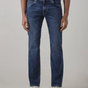 dark blue 5 pocket midrise, comfort and straight fit stretch jeans
