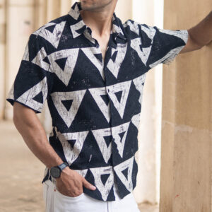 black geometric structured print shirt
