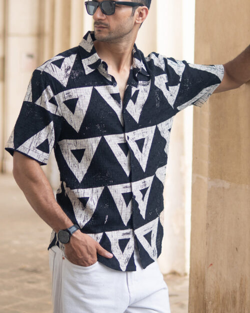 black geometric structured print shirt