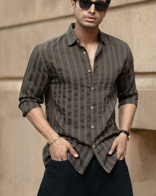 brown structured self striped shirt