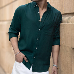 Home bottle green linen blend shirt