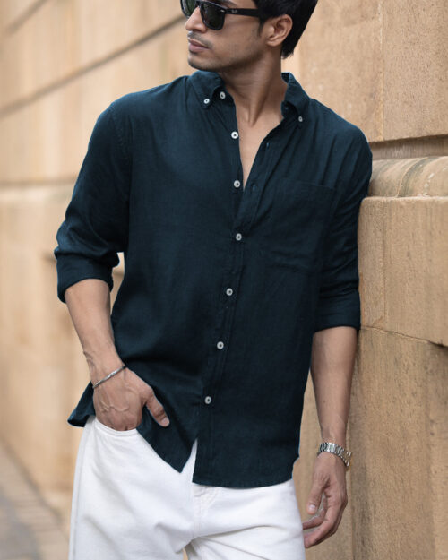 airforce blue linen blend shirt