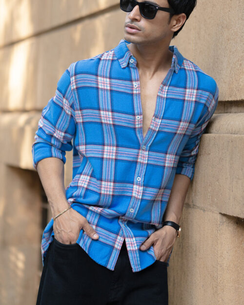 blue brushed full sleeves checks shirt