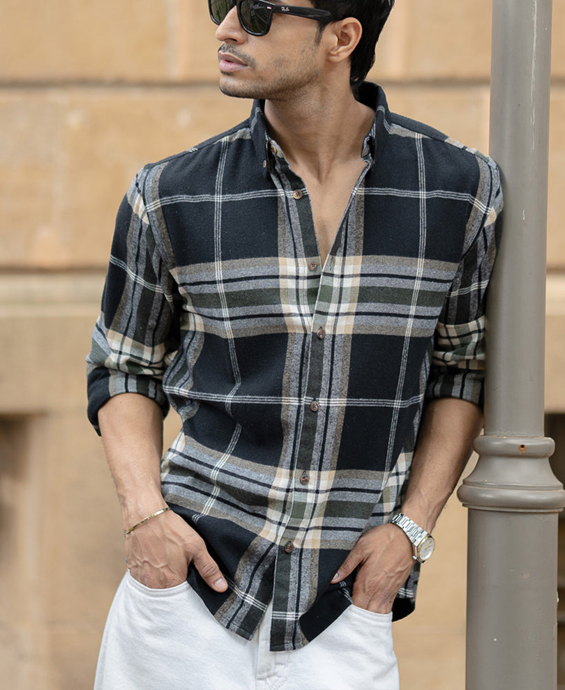 black macro checks button down shirt black macro checks button down shirt