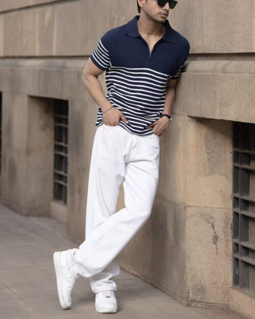 blue knitted stripe polo t shirt