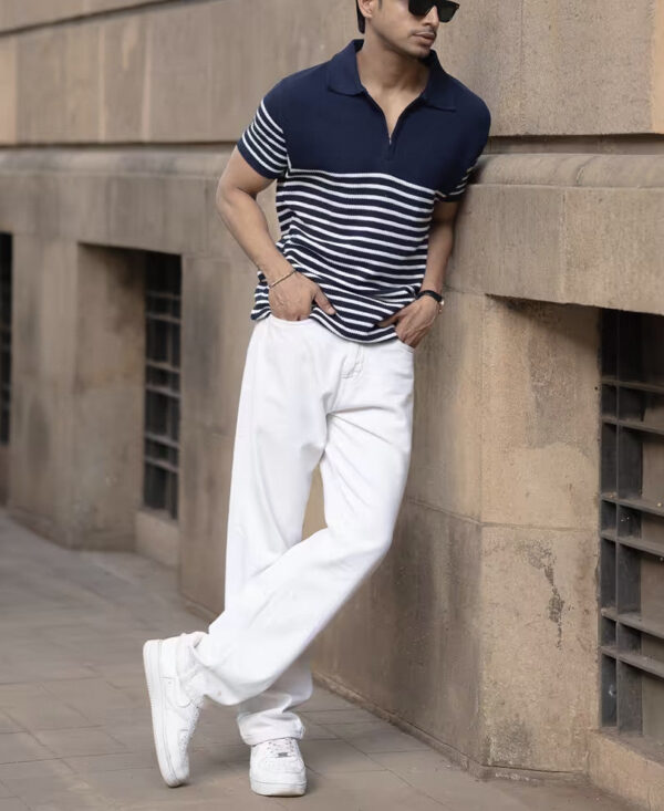 blue knitted stripe polo t shirt