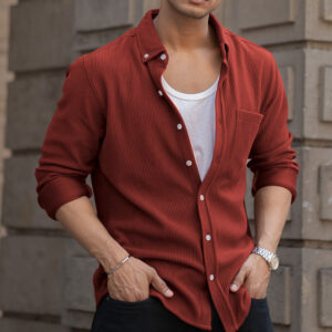 Home brick red structured knit shirt