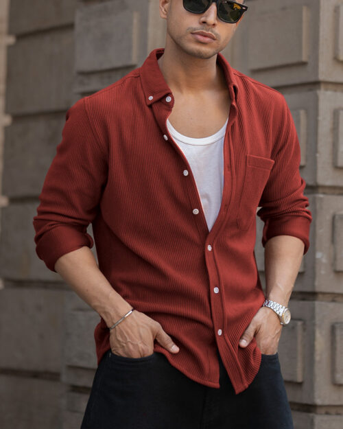 brick red structured knit shirt