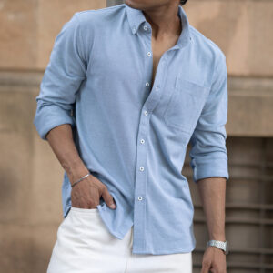 Home blue knitted button down shirt