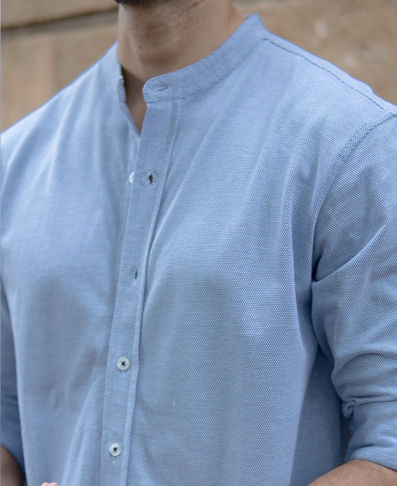 blue knitted mandarin collar shirt blue knitted mandarin collar shirt