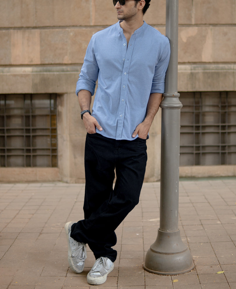 blue knitted mandarin collar shirt blue knitted mandarin collar shirt
