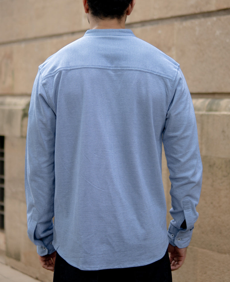 blue knitted mandarin collar shirt blue knitted mandarin collar shirt