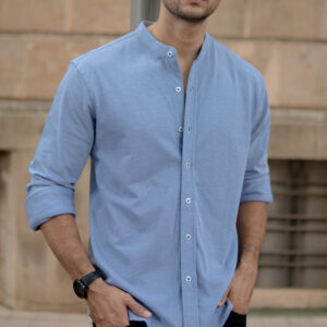 Home blue knitted mandarin collar shirt