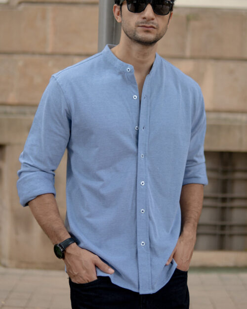 blue knitted mandarin collar shirt