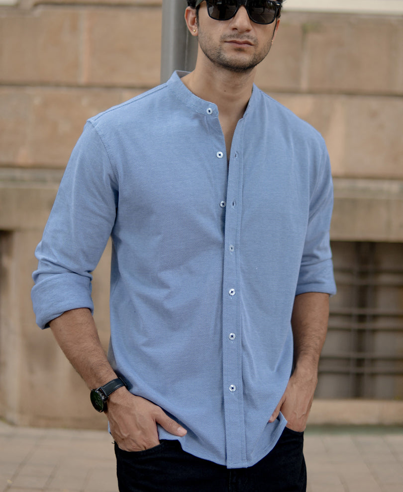 blue knitted mandarin collar shirt blue knitted mandarin collar shirt