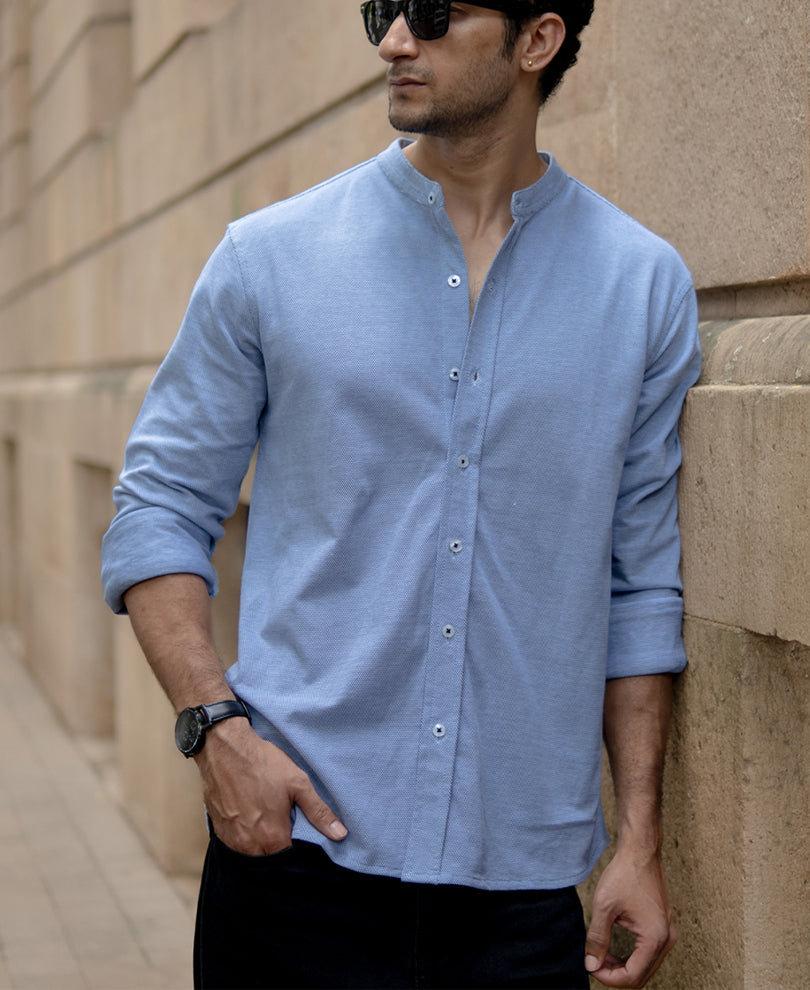 blue knitted mandarin collar shirt blue knitted mandarin collar shirt