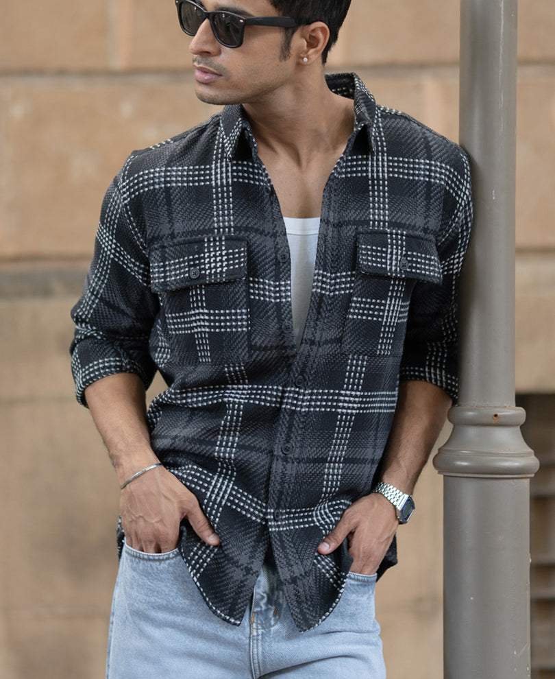 black structured double pockets checked shirt black structured double pockets checked shirt