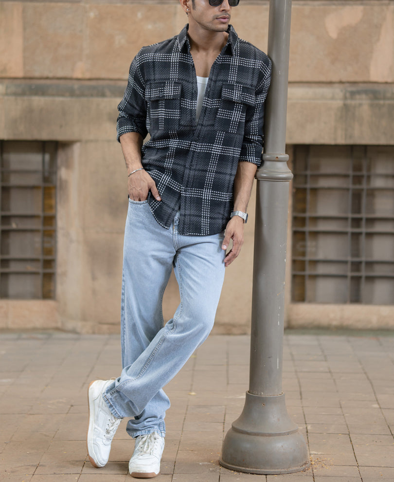 black structured double pockets checked shirt black structured double pockets checked shirt