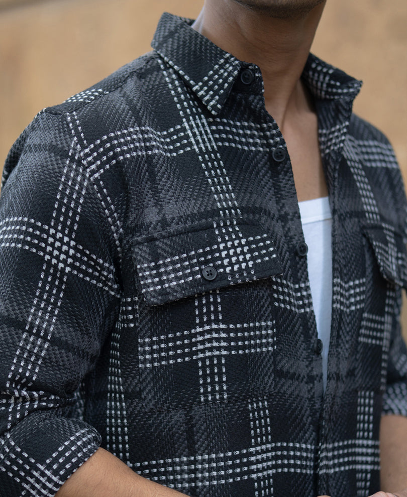 black structured double pockets checked shirt black structured double pockets checked shirt