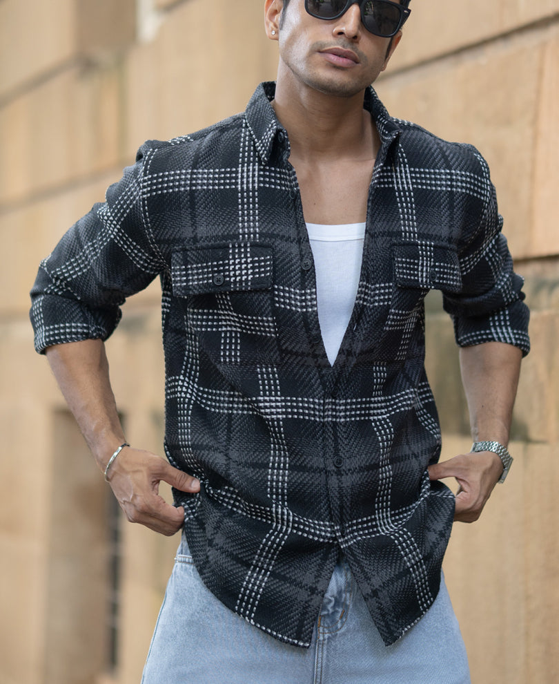 black structured double pockets checked shirt black structured double pockets checked shirt
