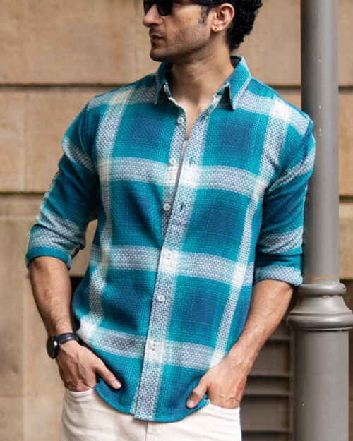 blue structured checked shirt