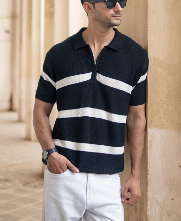 black striped knit polo t shirt