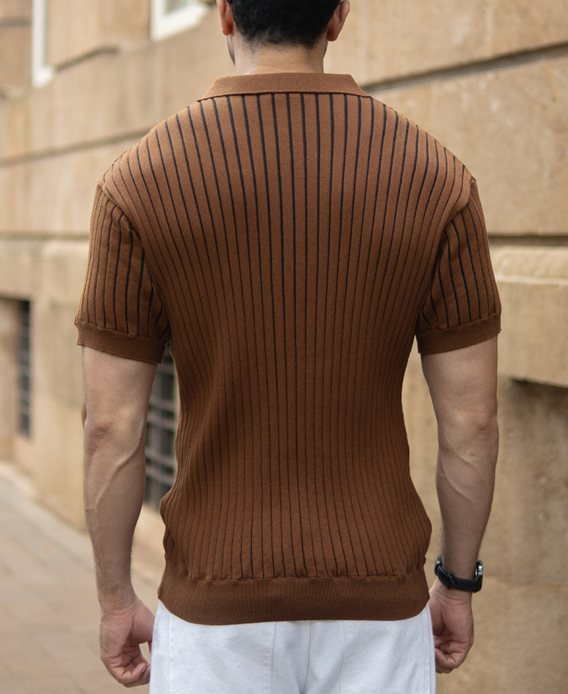 brown striped knit polo t shirt brown striped knit polo t shirt