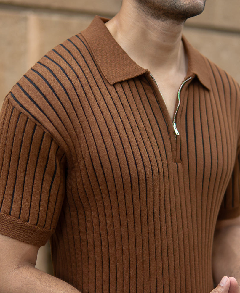 brown striped knit polo t shirt brown striped knit polo t shirt